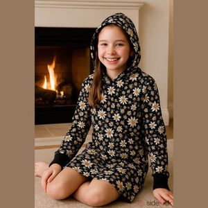 Girls Art Class Black White Daisy Hooded Sleep Shirt/Dress L (10/12)